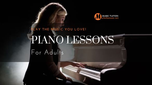 marbellamusic.net. Piano lessons for adults. Marbella, San Pedro and Estepona. Mature female student playing a white baby grand.